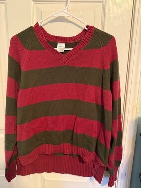 Freddy Krueger Striped V-Neck Sweater in Red and Olive